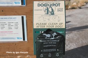 Ящик для обеспечения владельцев пакетиками для сбора собачьих экскрементов в парках и зонах отдыха США с поясняющими рисунками по их использованию на ящике.