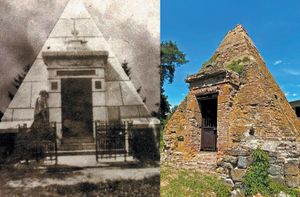 Пирамида-усыпальница Закревских. Вид в начале XX века и в наши дни. Источник https://kulturologia.ru/.