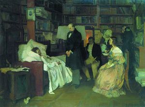 Картина современного художника, иллюстрирующая последние дни поэта. Рядом с Пушкиным Жуковский, дальше Вяземский, служанка, жена и Данзас.