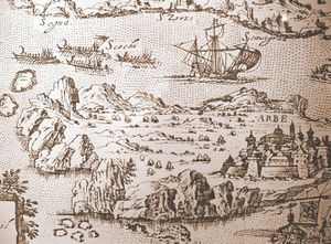 Суда ускоков гонятся за большим кораблём в канале Сеньи (пролив между Сенью и островами). Гравюра 1600 года.